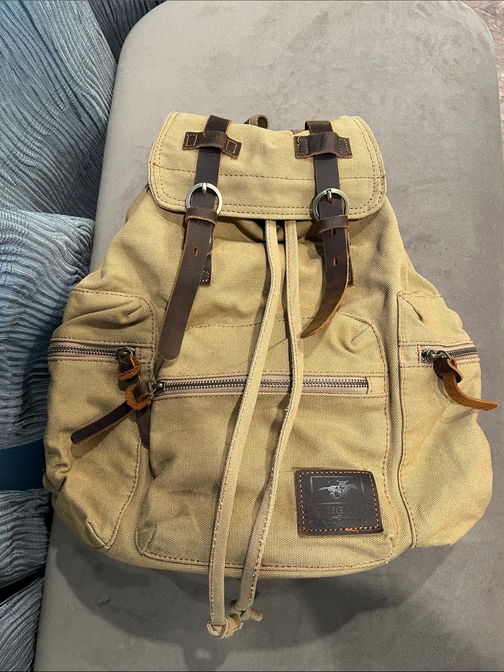 Augur Jan Khaki Canvas Drawstring Backpack with Brown Leather Accents